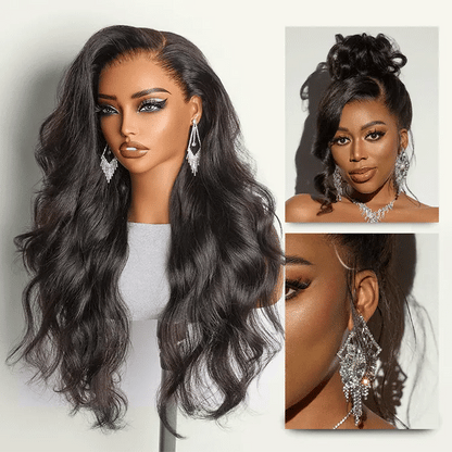 Luvme full lace wig with natural black body wave hair, free parting, half up half down style, pre-cut lace, and invisibDrawstring cap