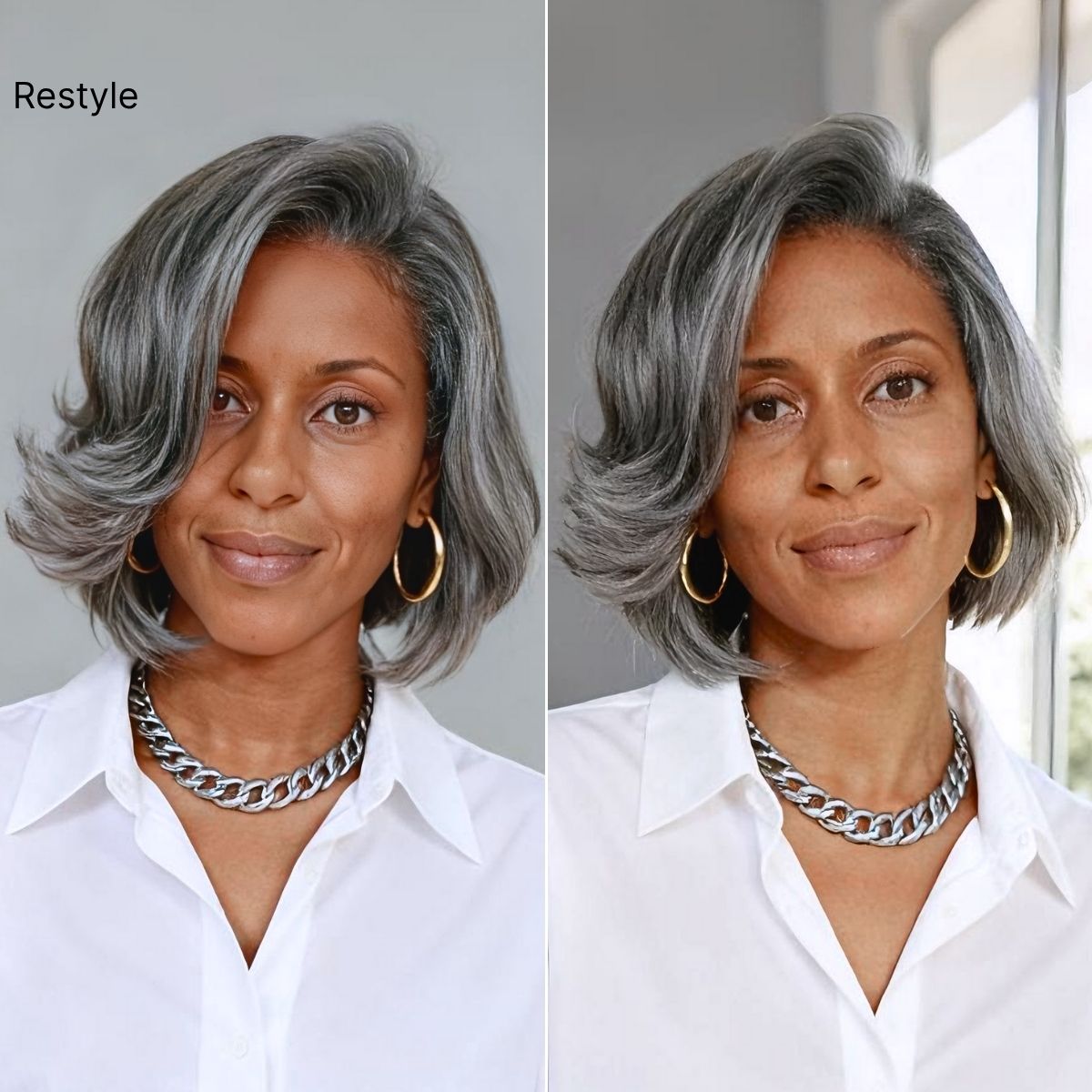 Luvme Hair grey layered bob wig with glueless lace, 100% human hair, pre-cut lace, and minimalist style.
