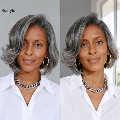 Luvme Hair grey layered bob wig with glueless lace, 100% human hair, pre-cut lace, and minimalist style.