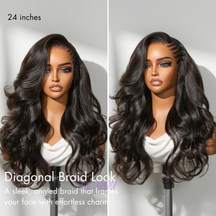 Luvme Hair Readitress™ side braided Yaki body wave lace wig with 13x6 HD frontal, glueless cap, human hair, and flexible drawstring fit