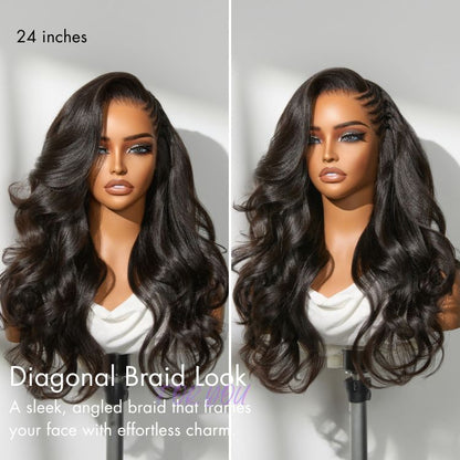 Luvme Hair Readitress™ side braided Yaki body wave lace wig with 13x6 HD frontal, glueless cap, human hair, and flexible drawstring fit