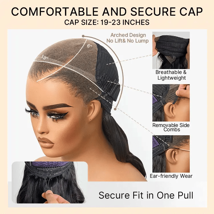 Luvme full lace wig with natural black body wave hair, free parting, half up half down style, with pre-cut lace and drawstring cap