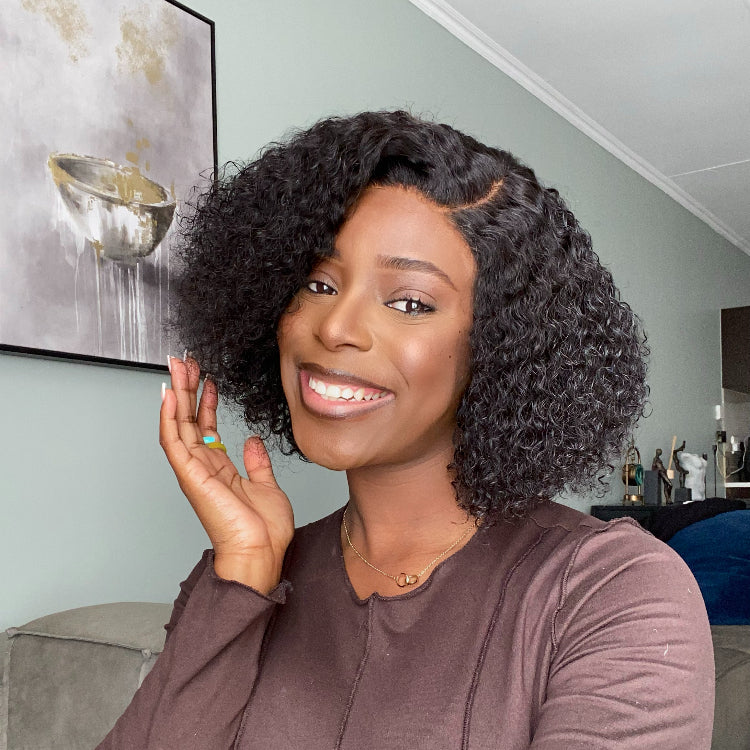 Luvmehair short kinky curly HD lace wig with pre-plucked hairline, minimalist lace wig style, natural curls, and lace cap visibility