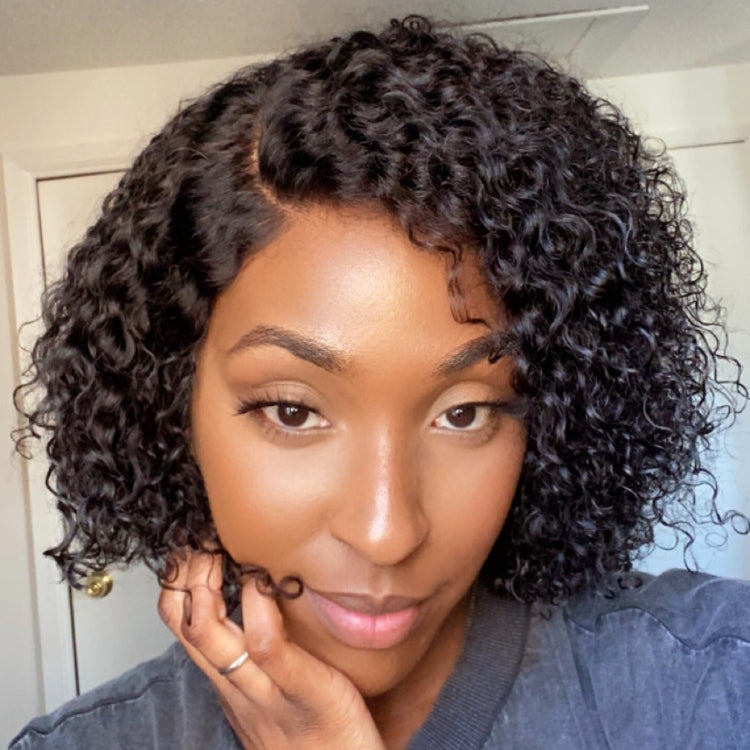 Luvme Short Cut Kinky Curly HD lace wig with pre-plucked hairline, showcasing natural curly texture and minimalist lace design.