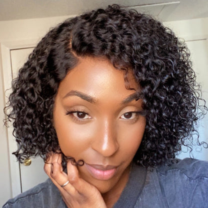 Luvme Short Cut Kinky Curly HD lace wig with pre-plucked hairline, showcasing natural curly texture and minimalist lace design.