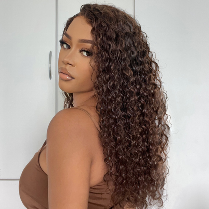 Luvme Hair brown water wave 5x5 closure lace glueless long wig with middle part, 100% human hair, natural wave style.