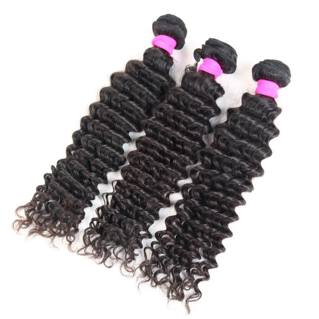 Luvme deep wave 100% virgin human hair bundle showing soft, wavy hair strands in a natural black color.