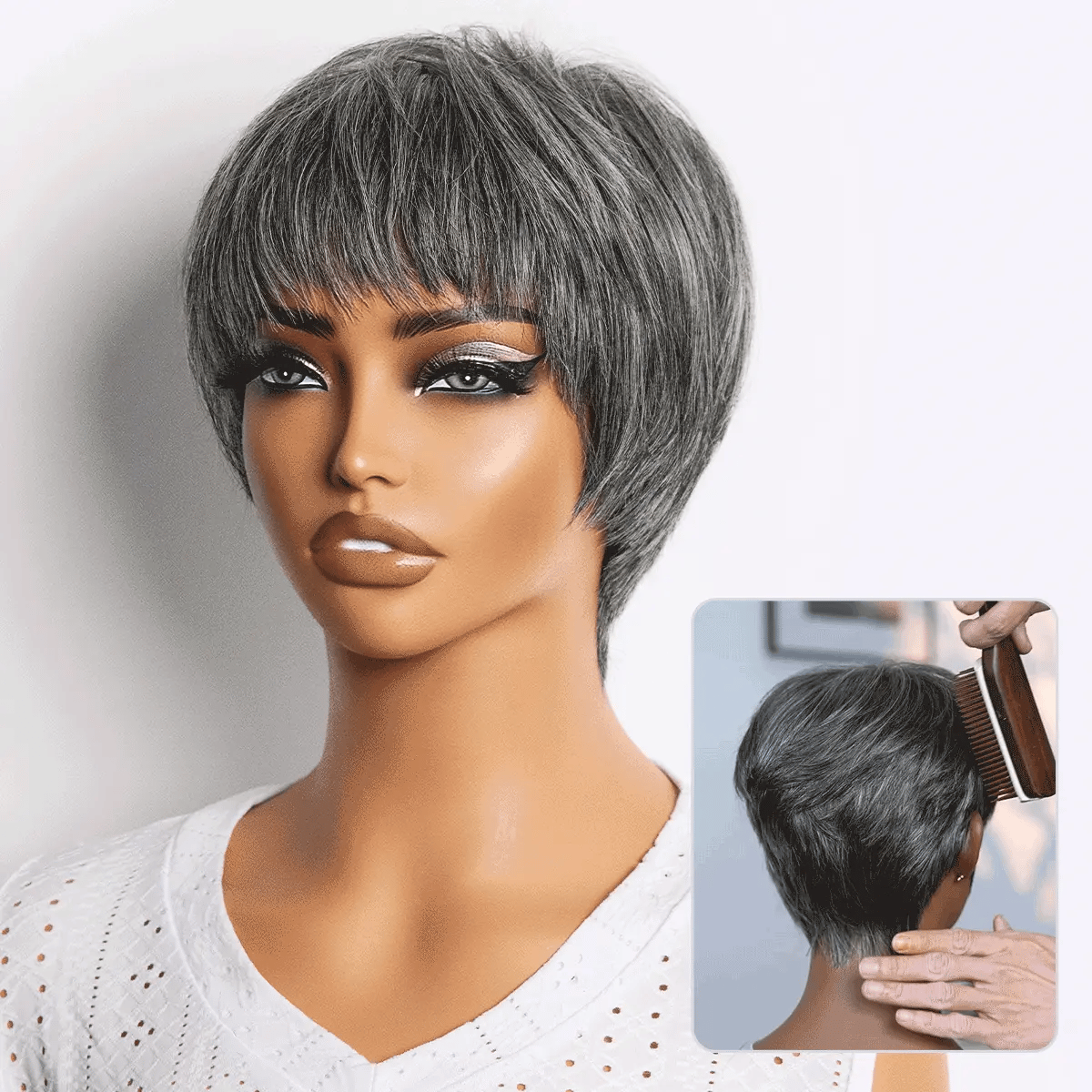 Luvme Hair short pixie cut wig with bangs, 100% human hair, glueless, skin-like soft, comfortable for hair loss recovery.