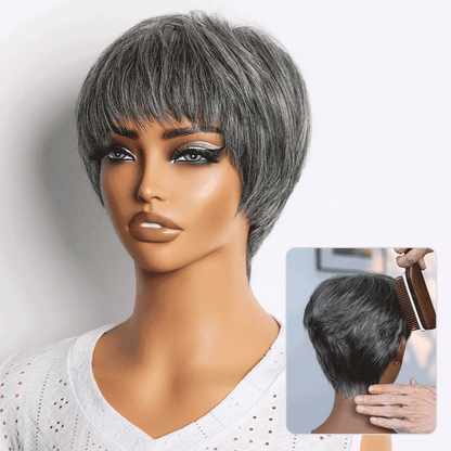 Luvme Hair short pixie cut wig with bangs, 100% human hair, glueless, skin-like soft, comfortable for hair loss recovery.