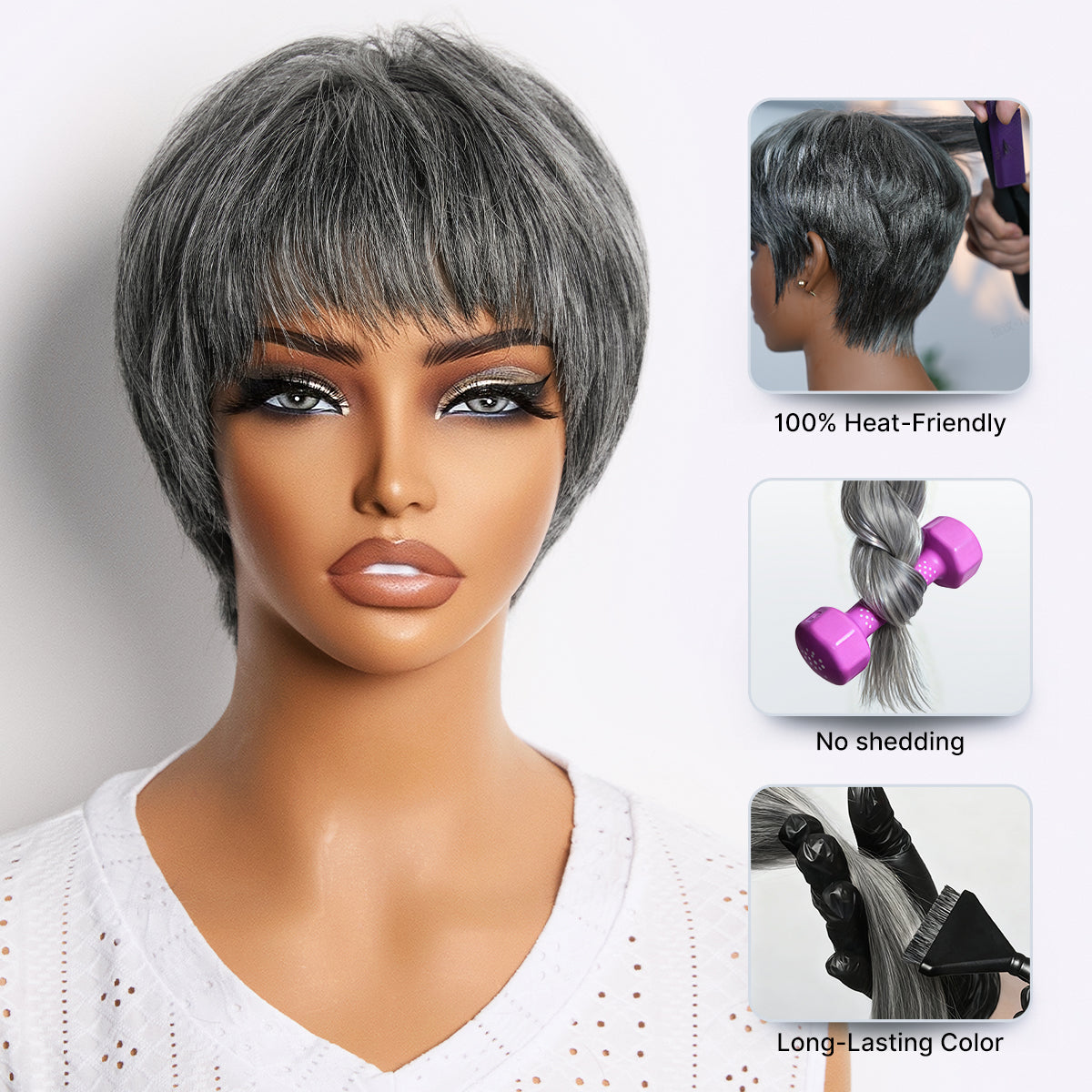 Luvme Hair short pixie cut wig with bangs, 100% human hair, glueless, soft skin-like texture, ideal for hair loss, ultra comfortable