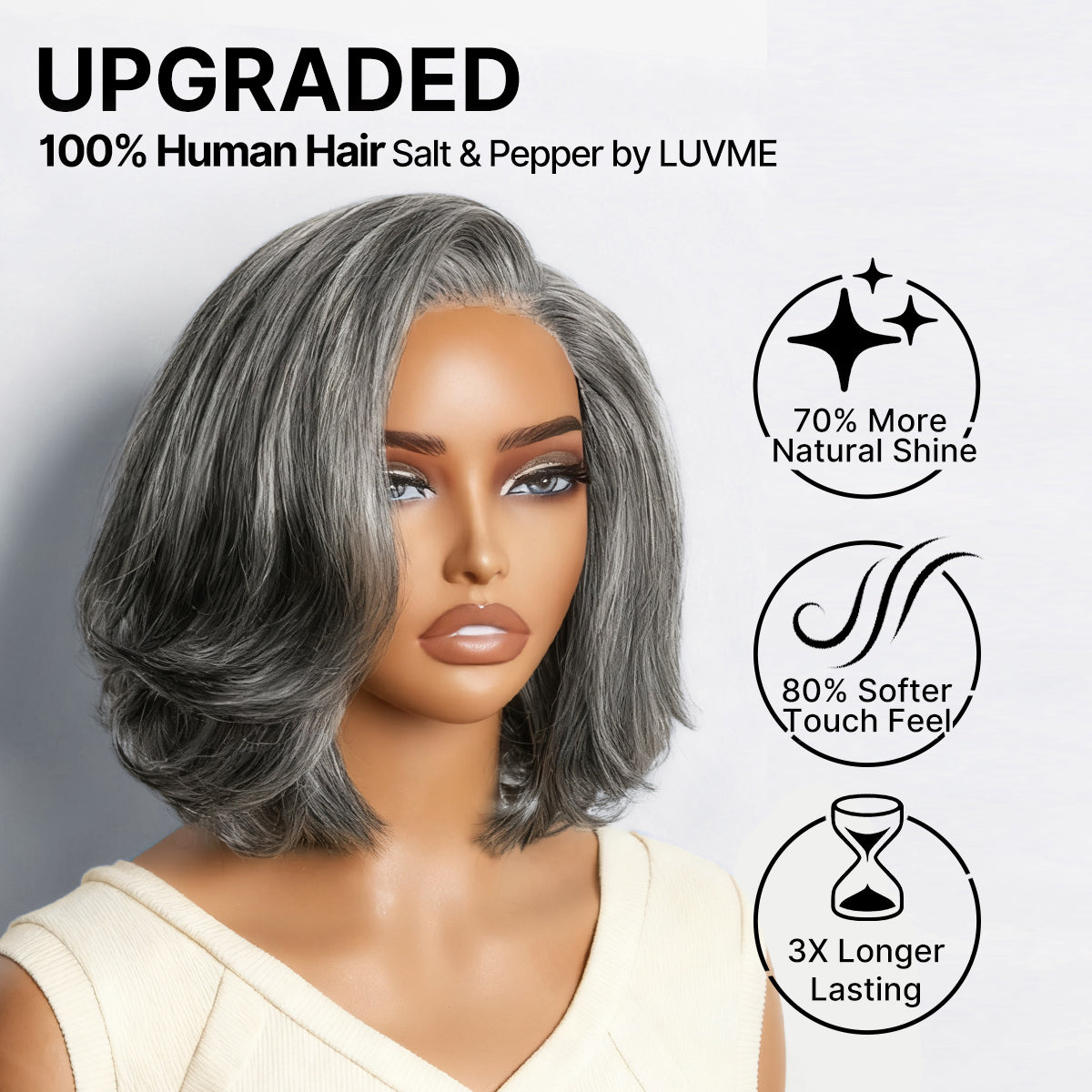 Luvme Hair grey layered bob wig made of 100% human hair, glueless lace, pre-cut lace, minimalist style.