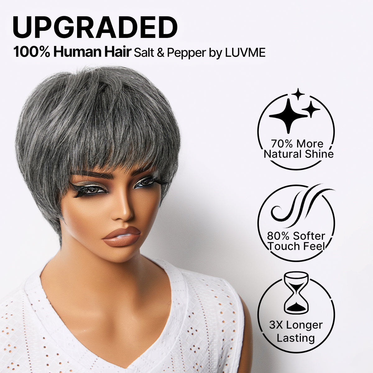 Luvme Hair short pixie cut wig with bangs, 100% human hair, glueless, soft, skin-like comfort, hair loss friendly.