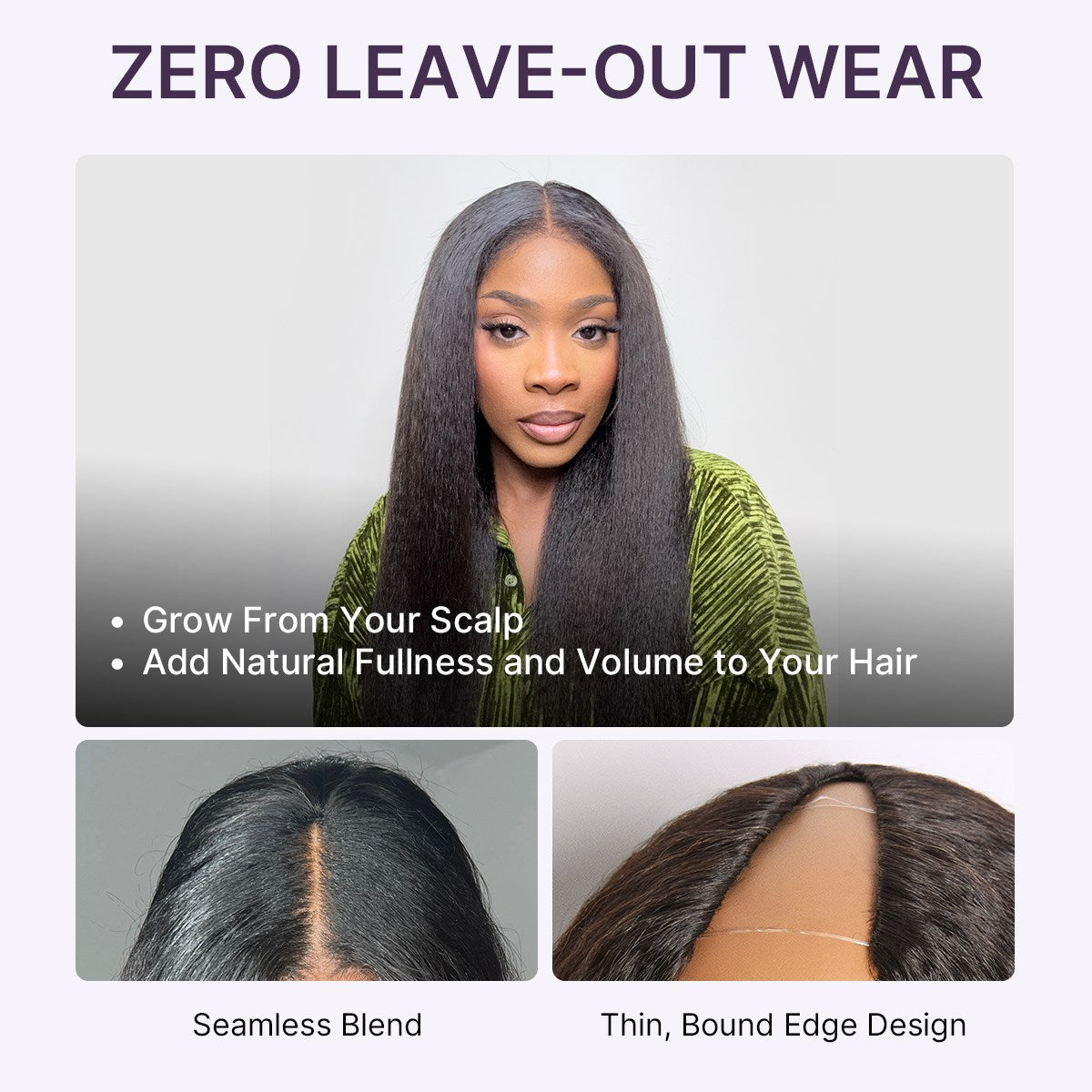 Luvme Hair True Scalp Kinky Straight V Part glueless human hair wig with drawstring, flexible fit, and natural-looking hair texture.