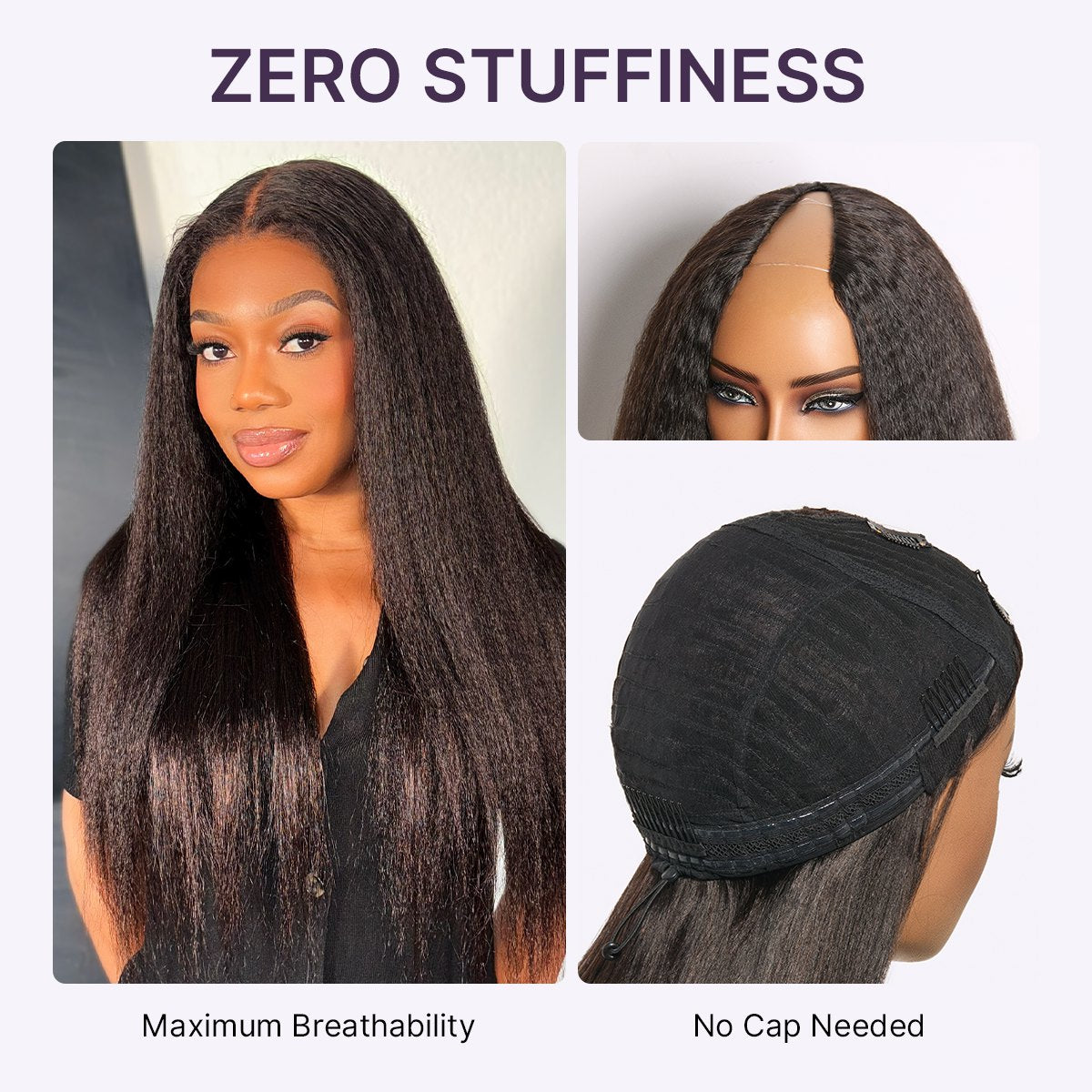Luvme Hair True Scalp Kinky Straight V Part Glueless Human Hair Wig with Flexi-Fit Drawstring, showing the natural hairline and V-part design.