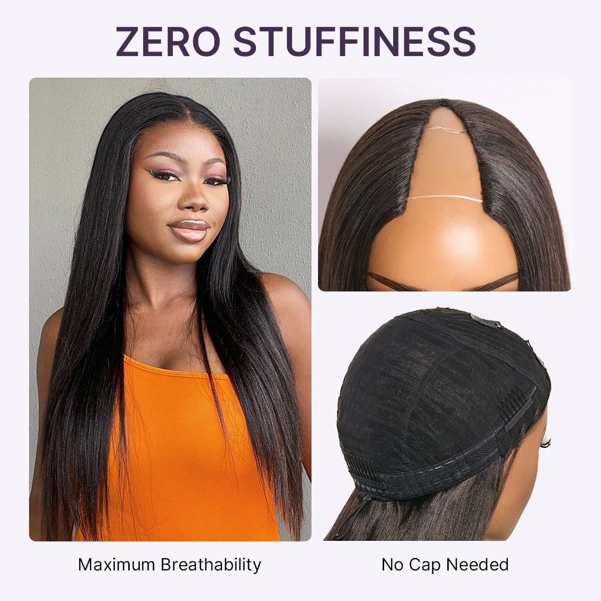 Luvme Hair True Scalp Yaki Straight Kinky Straight V Part Glueless Human Hair Wig with Flexi-Fit Drawstring shown on a model