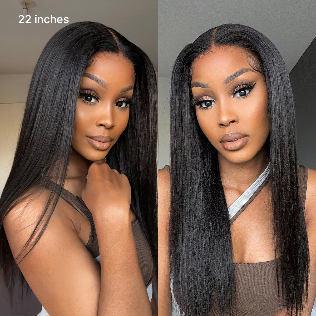 Luvme Hair True Scalp Yaki Straight V Part glueless human hair wig with drawstring, flexible fit, and natural scalp appearance.