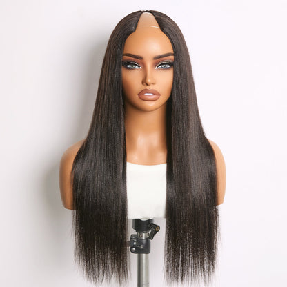 Luvme Hair True Scalp Yaki Straight/Kinky Straight V Part glueless human hair wig with flexi-fit drawstring cap, styled on a mannequin head.