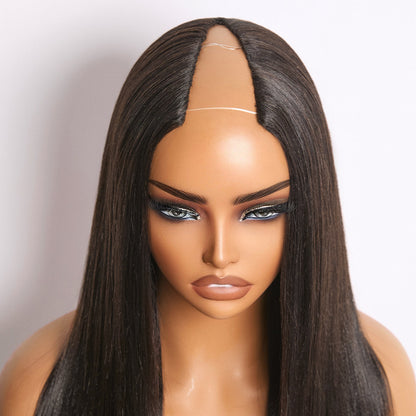 Luvme Hair True Scalp Yaki Straight Kinky Straight V Part Glueless Human Hair Wig with Flexi-Fit Drawstring, natural scalp appearance