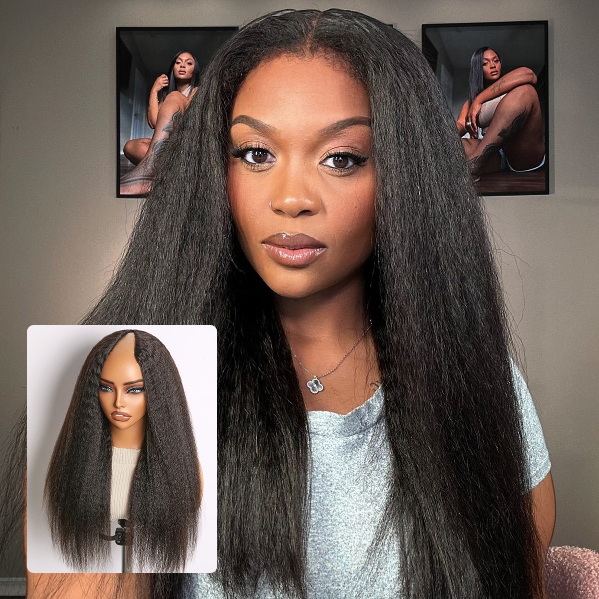 Luvme Hair True Scalp Kinky Straight V Part Glueless Human Hair Wig with Flexi-Fit Drawstring for natural styling