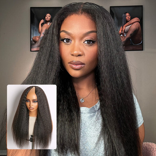 Luvme Hair True Scalp Kinky Straight V Part Glueless Human Hair Wig with Flexi-Fit Drawstring for natural styling