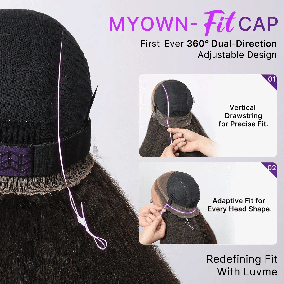 Luvme Hair MyOwn-Fit™ 360 HD lace-free water wave wig with flexible fit cap, drawstring, and pre-cut lace for natural hairstyle.