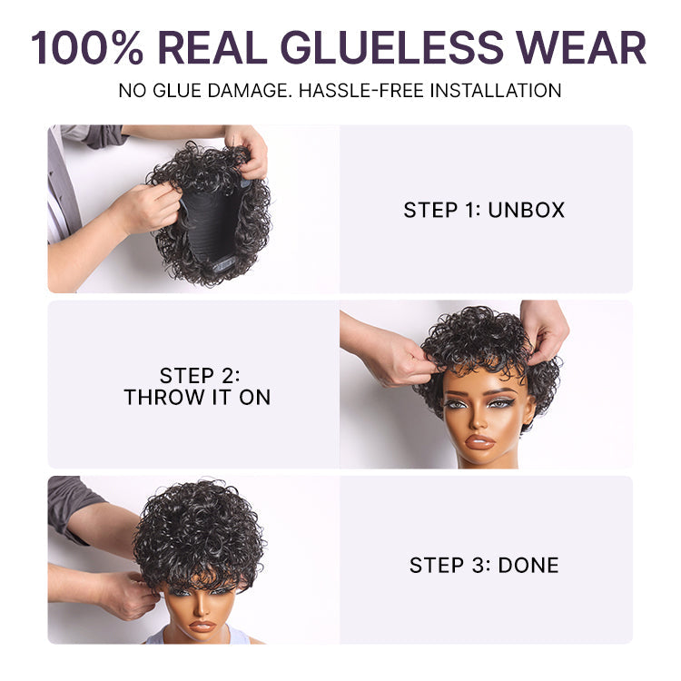 Luvme Hair black curly short wig with cotton cap, glueless design, natural volume, and comfortable fit for hair loss solutions.