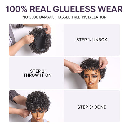 Luvme Hair black curly short wig with cotton cap, glueless design, natural volume, and comfortable fit for hair loss solutions.