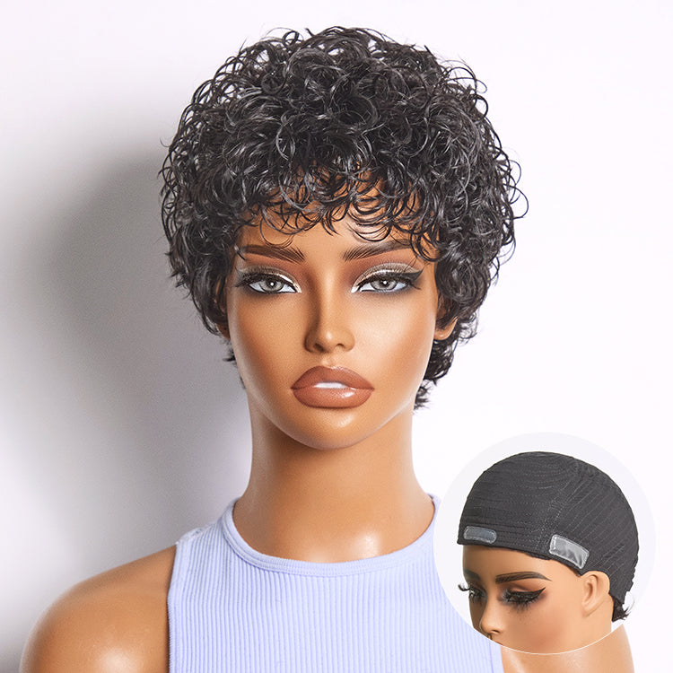 Luvme Hair black curly glueless short wig with cotton cap, natural volume, and comfortable fit for hair loss friendly styling.