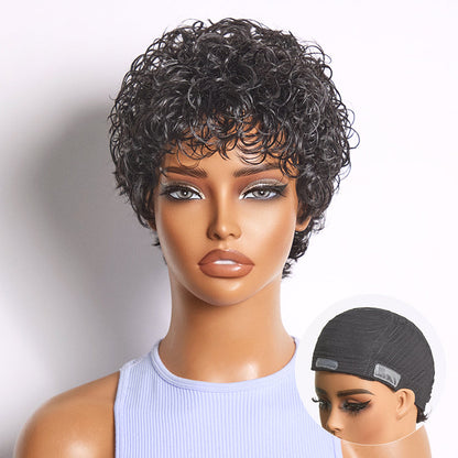 Luvme Hair black curly glueless short wig with cotton cap, natural volume, and comfortable fit for hair loss friendly styling.