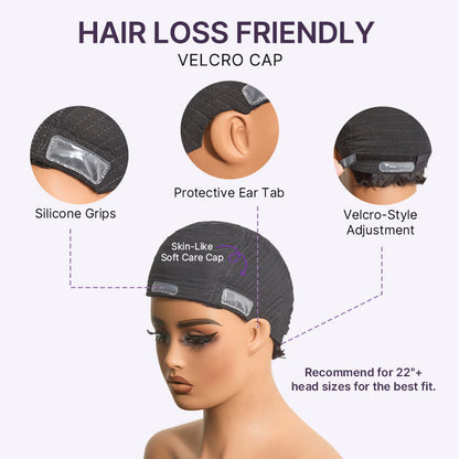 Luvme Hair throw-on natural black big curly short glueless wig with cotton cap, ultra comfort, hair loss friendly, ready to wear.