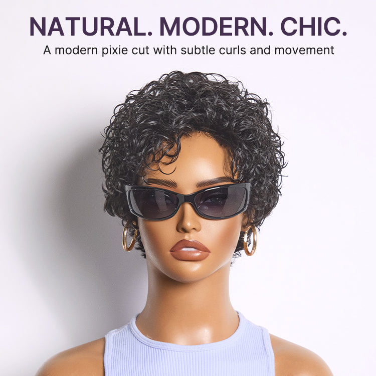 Luvme Hair black curly short wig with cotton cap, glueless, natural look, comfortable, hair loss friendly, easy to wear.