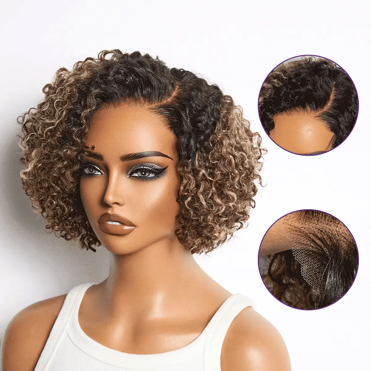 Blonde highlight short kinky curly lace wig by Luvme Hair, glueless, pre-cut lace, minimalist HD lace, natural curly texture.