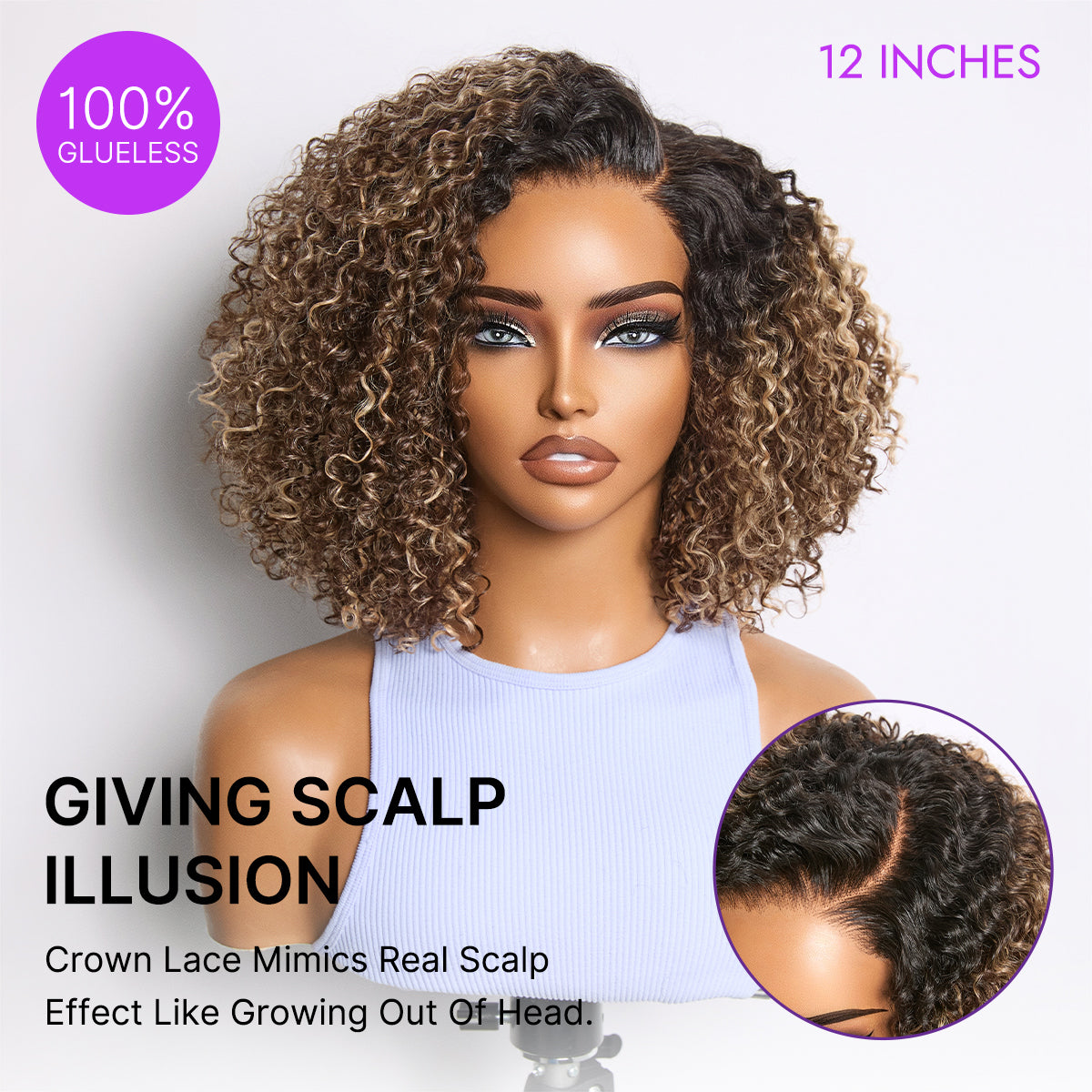 Blonde highlight kinky curly HD lace glueless wig with pre-cut lace, short cut, and minimalist style by Luvme Hair.