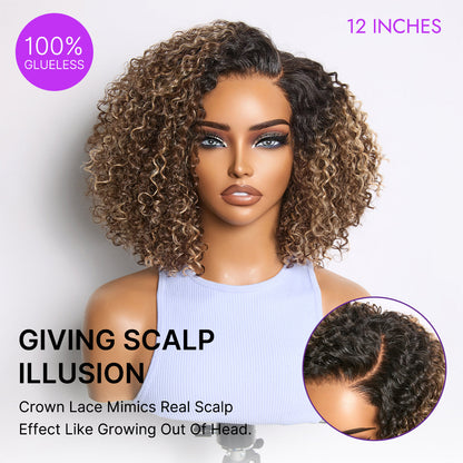 Blonde highlight kinky curly HD lace glueless wig with pre-cut lace, short cut, and minimalist style by Luvme Hair.