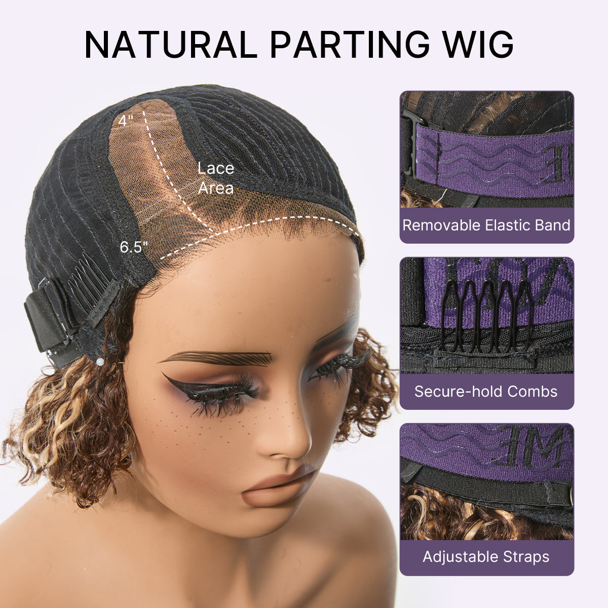 Blonde highlight kinky curly HD lace wig by Luvme Hair, short cut, glueless, minimalist pre-cut lace with natural curls.