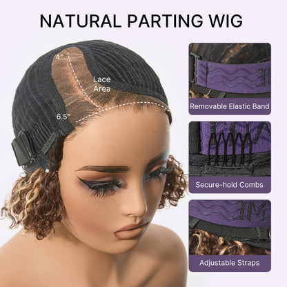 Blonde highlight kinky curly HD lace wig by Luvme Hair, short cut, glueless, minimalist pre-cut lace with natural curls.
