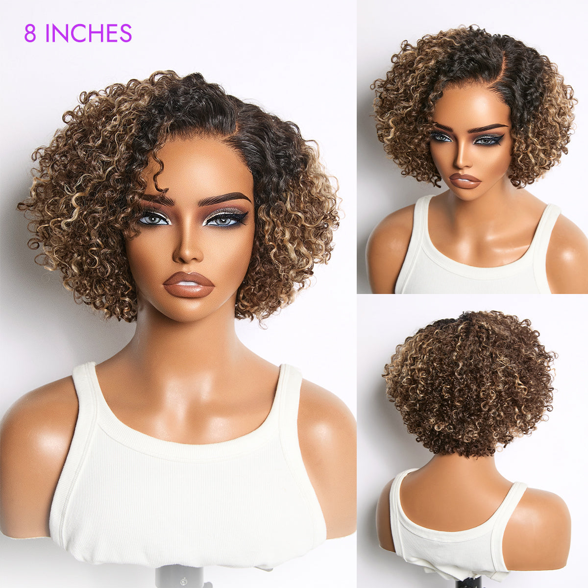 Blonde highlight kinky curly HD lace glueless wig with short cut and pre-cut lace, styled with natural volume and minimalism.