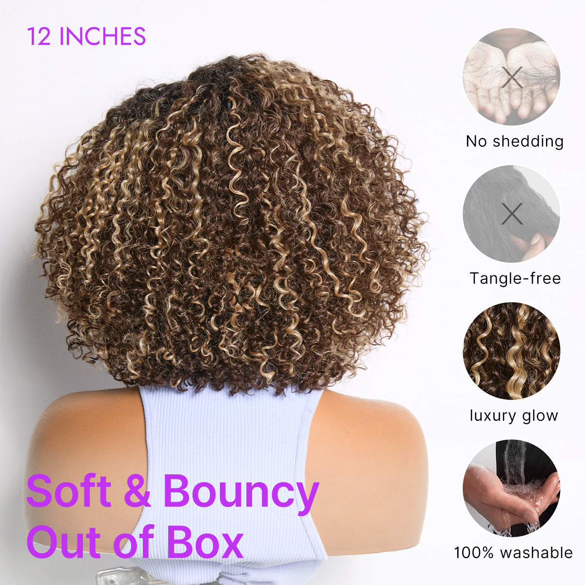 Blonde highlight kinky curly glueless lace wig by Luvme Hair, featuring short cut style with pre-cut lace and minimalist design
