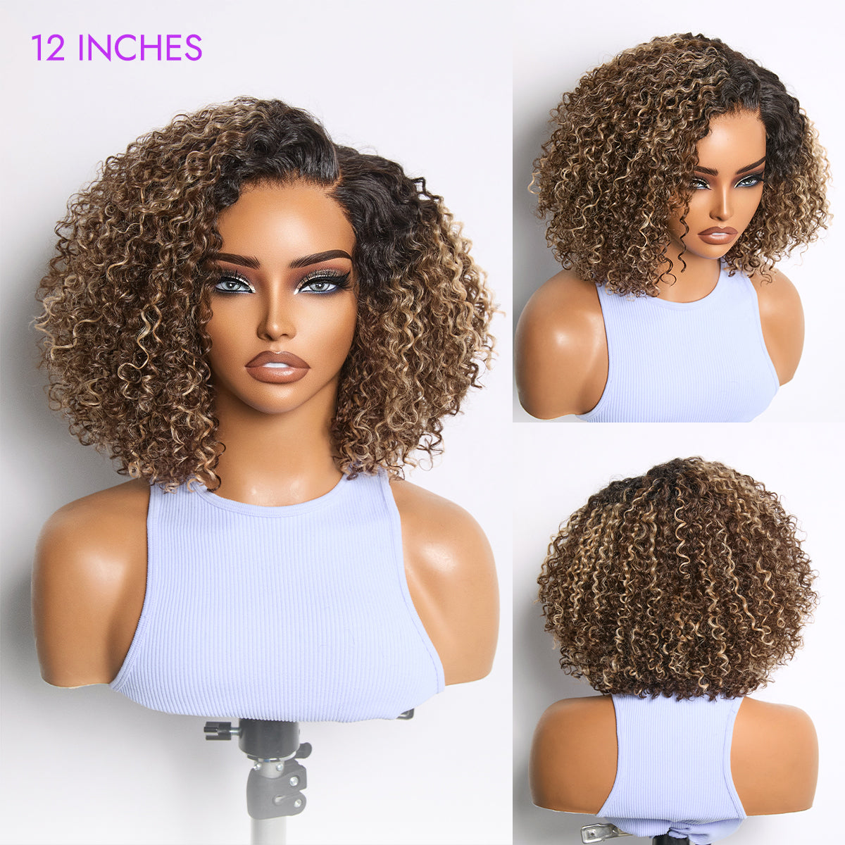Blonde highlight kinky curly short cut wig by Luvme Hair, featuring minimalist HD lace and pre-cut glueless design.