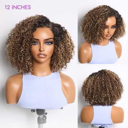 Blonde highlight kinky curly short cut wig by Luvme Hair, featuring minimalist HD lace and pre-cut glueless design.