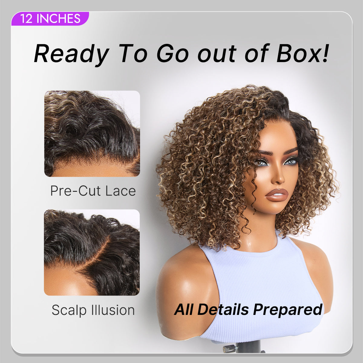 Blonde highlight kinky curly HD lace glueless wig with pre-cut lace from Luvme Hair, short minimalist style showing textured curls.
