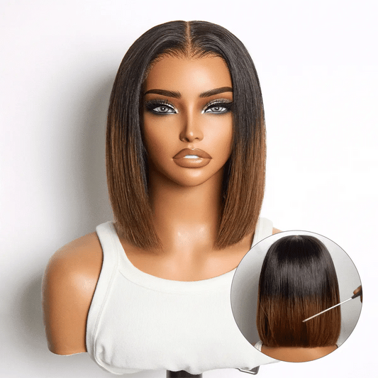 Luvme All-Day Comfort™ Ombre Brown Blunt Cut Bob Wig with HD lace, glueless 7x6 closure, silky hair, pre-cut lace.
