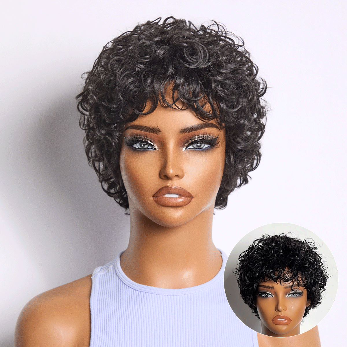 Luvme Hair black curly short glueless wig with cotton cap, natural look, comfortable fit, ideal for hair loss or everyday wear