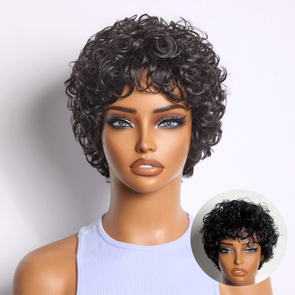 Luvme Hair black curly short glueless wig with cotton cap, natural look, comfortable fit, ideal for hair loss or everyday wear