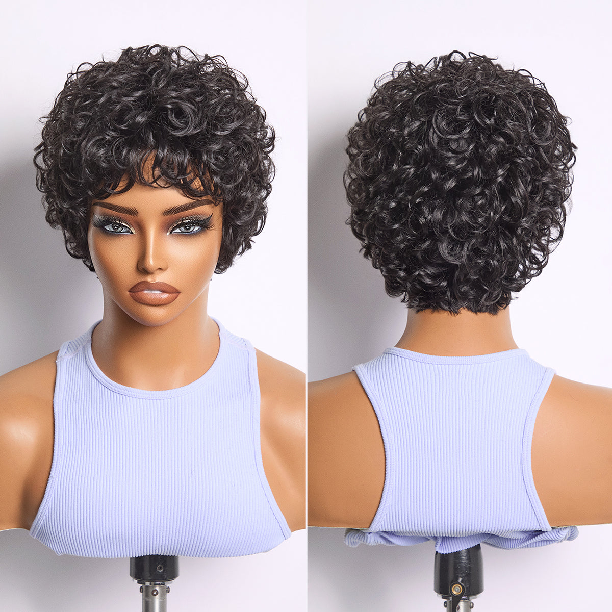 Luvme Hair black curly short glueless wig with cotton cap, natural look, comfortable fit, ideal for hair loss or everyday wear