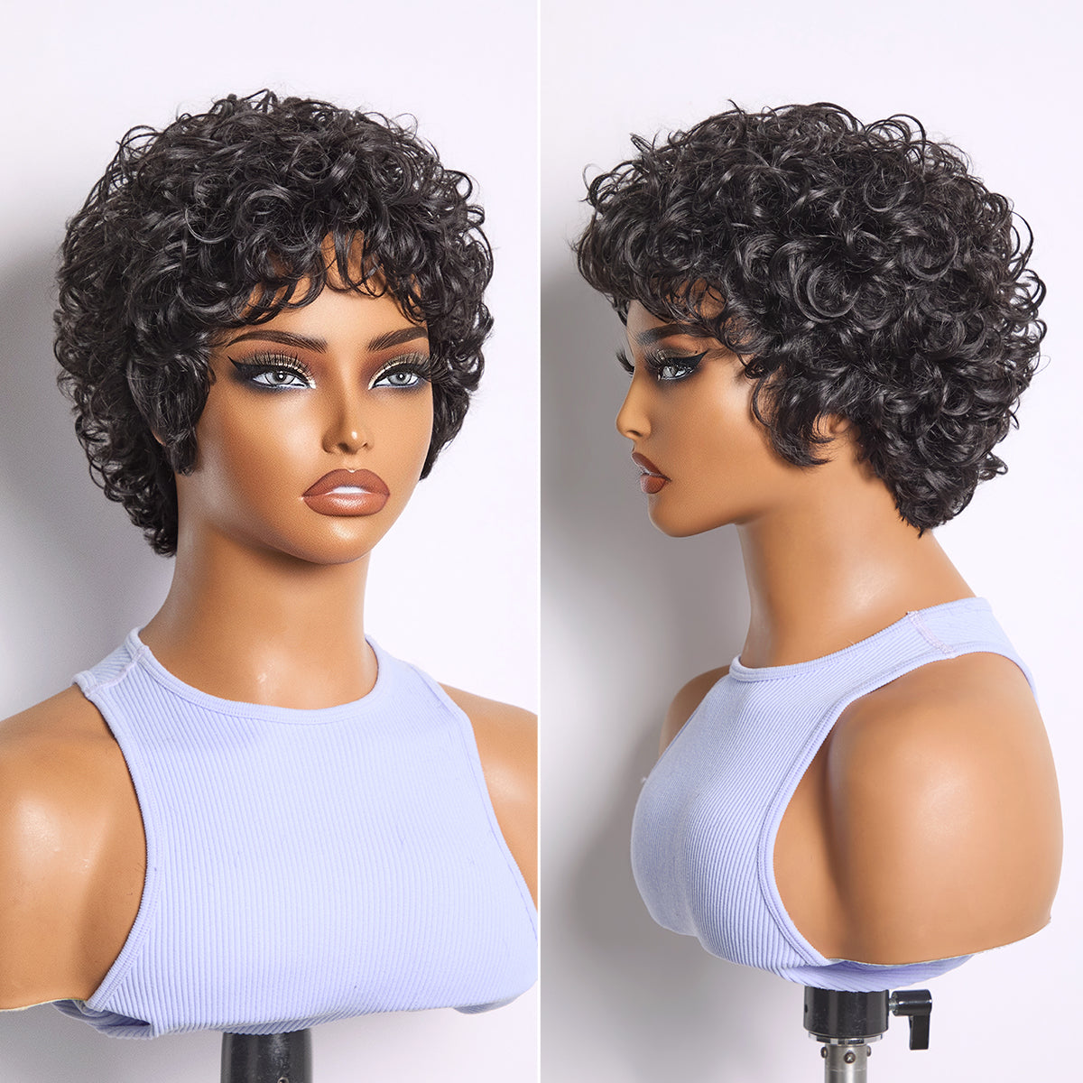 Natural black curly short wig by Luvme Hair featuring a glueless design, cotton cap, and comfortable hair loss-friendly style.
