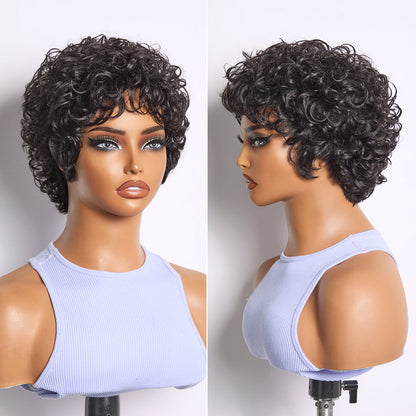 Natural black curly short wig by Luvme Hair featuring a glueless design, cotton cap, and comfortable hair loss-friendly style.