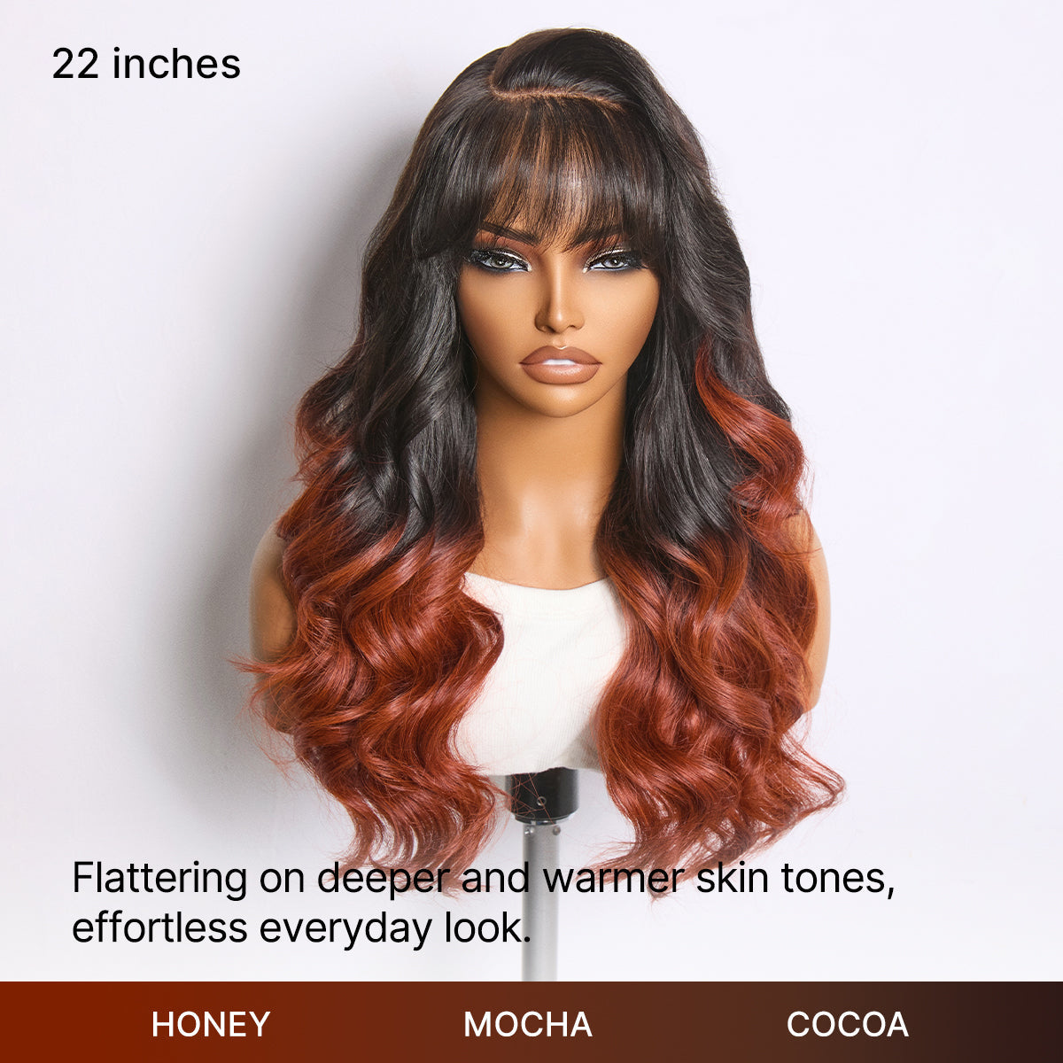 Luvme Hair ombre reddish brown loose wave lace wig with bangs, 5x5 glueless closure and pre-cut lace for natural look.