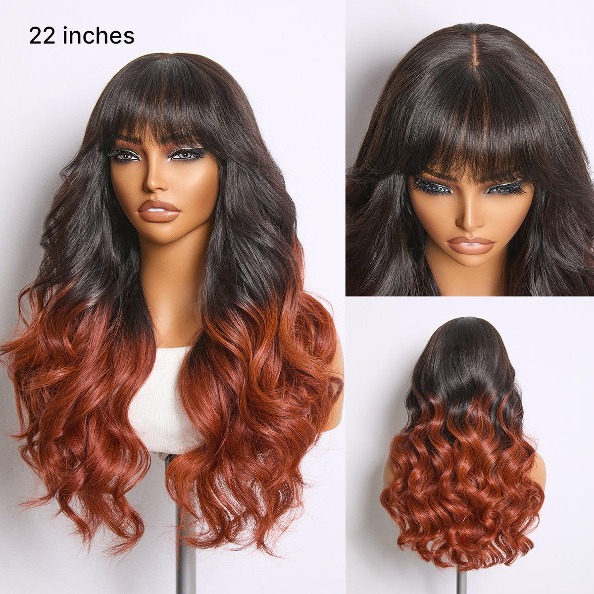 Luvme Hair ombre reddish brown loose wave lace wig with bangs, 5x5 glueless closure and pre-cut lace, natural hairline and parting