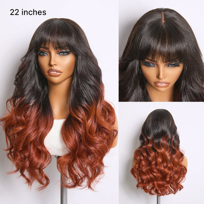 Luvme Hair ombre reddish brown loose wave lace wig with bangs, 5x5 glueless closure and pre-cut lace, natural hairline and parting